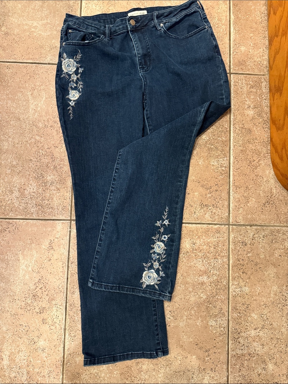 Embroidered Dark Blue Straight Leg Jeans - Women's